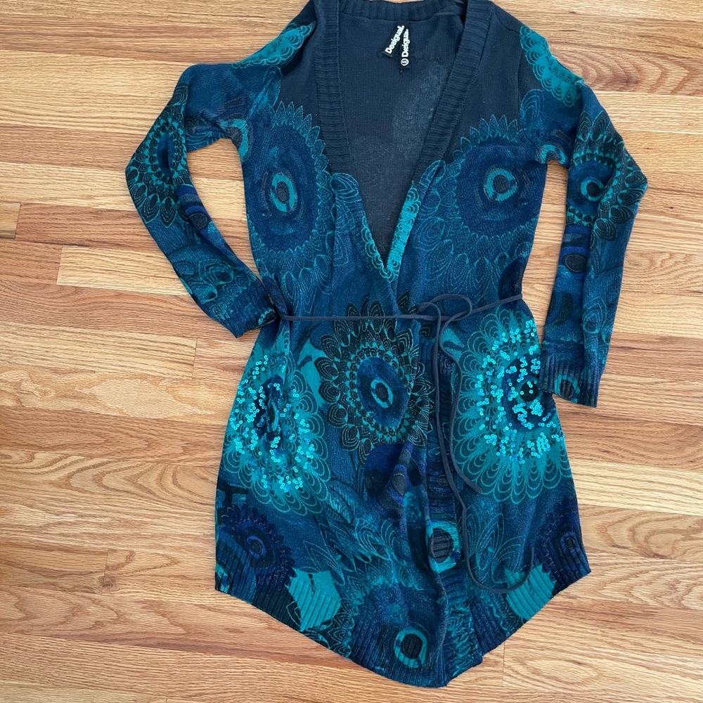 Desigual. Blue and Teal Patterned Cardigan